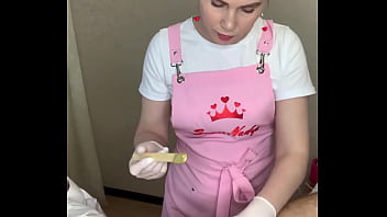 Sultry Russian wax queen SugarNadya demonstrates deep bikini male grooming and cock waxing