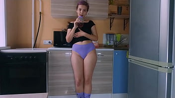 Couldn’t resist and ripped her tight pussy open in the kitchen. Spanked that ass hard