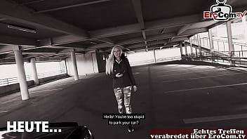 German blonde slut gets pounded in a public parking garage in Berlin