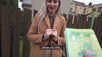 Naughty blonde flashes her firm tits for money and takes massive cock in a basement