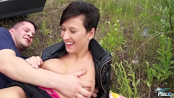 Naughty bob-cut whore rides a stranger’s fake cop dick in the open