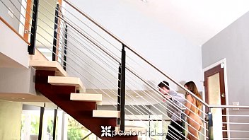 Tall blonde Anastasia Black gets her tight pussy eaten on the stairs