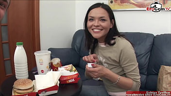 Curvy brunette whore gets messy with milk and food in anal action