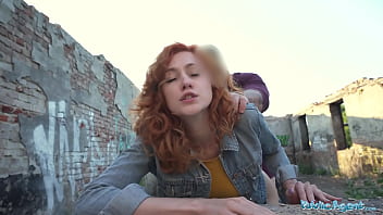 Hot ginger waitress deepthroats and takes it hard from behind in public