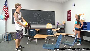 Naughty tattooed volleyball babe with perky tits gets hardcore classroom pounding