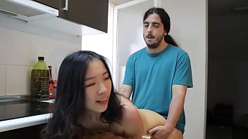 Chinese beauty falls for big cock abroad, gets railed in the kitchen by foreign stud while boyfriend’s away, creampied raw