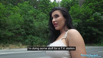 Hitchhiking hottie with huge tits takes a massive cock